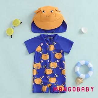 MG-Toddler Bé Trai Rash Guard Đồ Bơi In Hình Cua Tay Ngắn Mock Cổ Zip Bộ Đồ Tắm Có Mũ Bơi