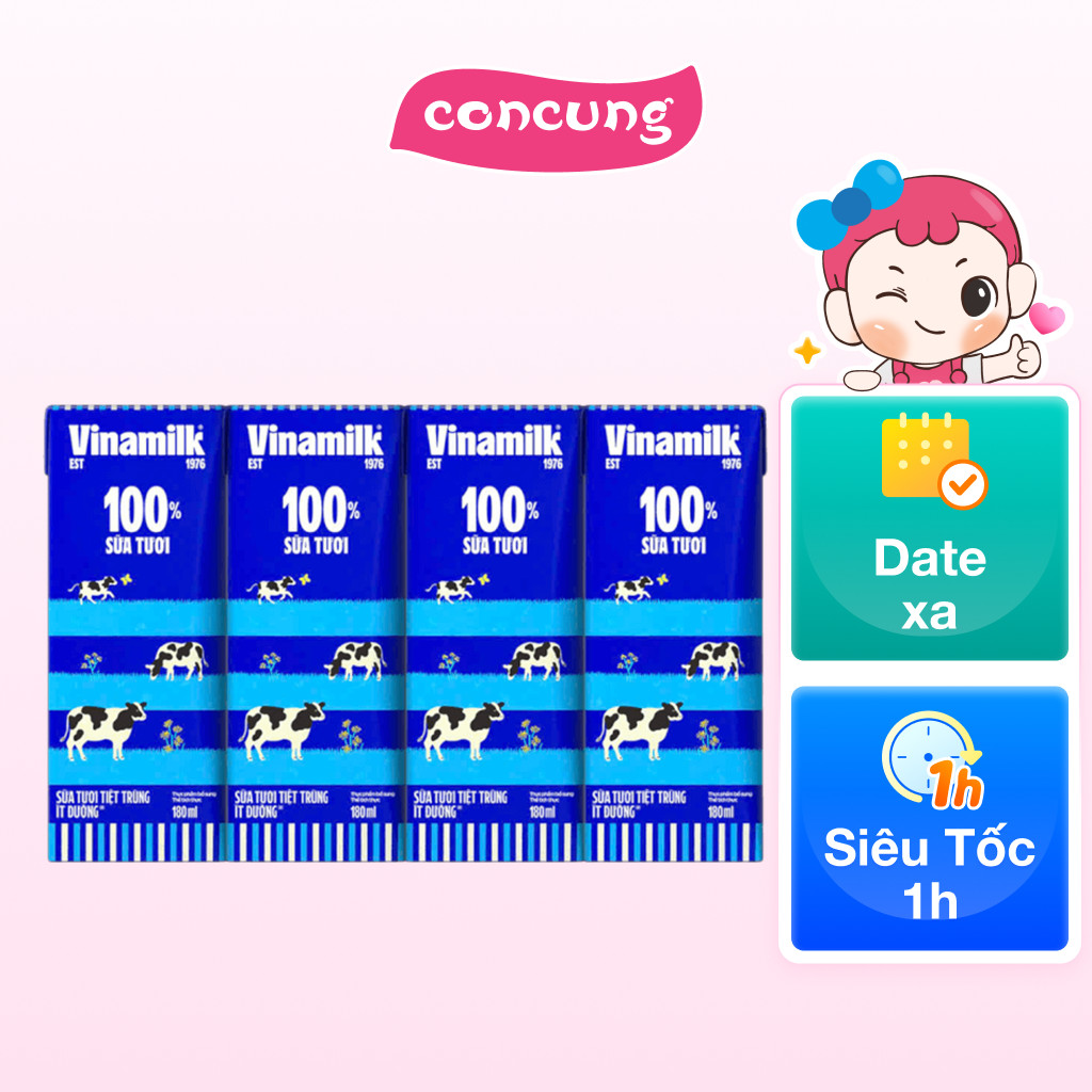 Thùng Sữa tươi tiệt trùng ít đường Vinamilk 180ml (Lốc 4 hộp)