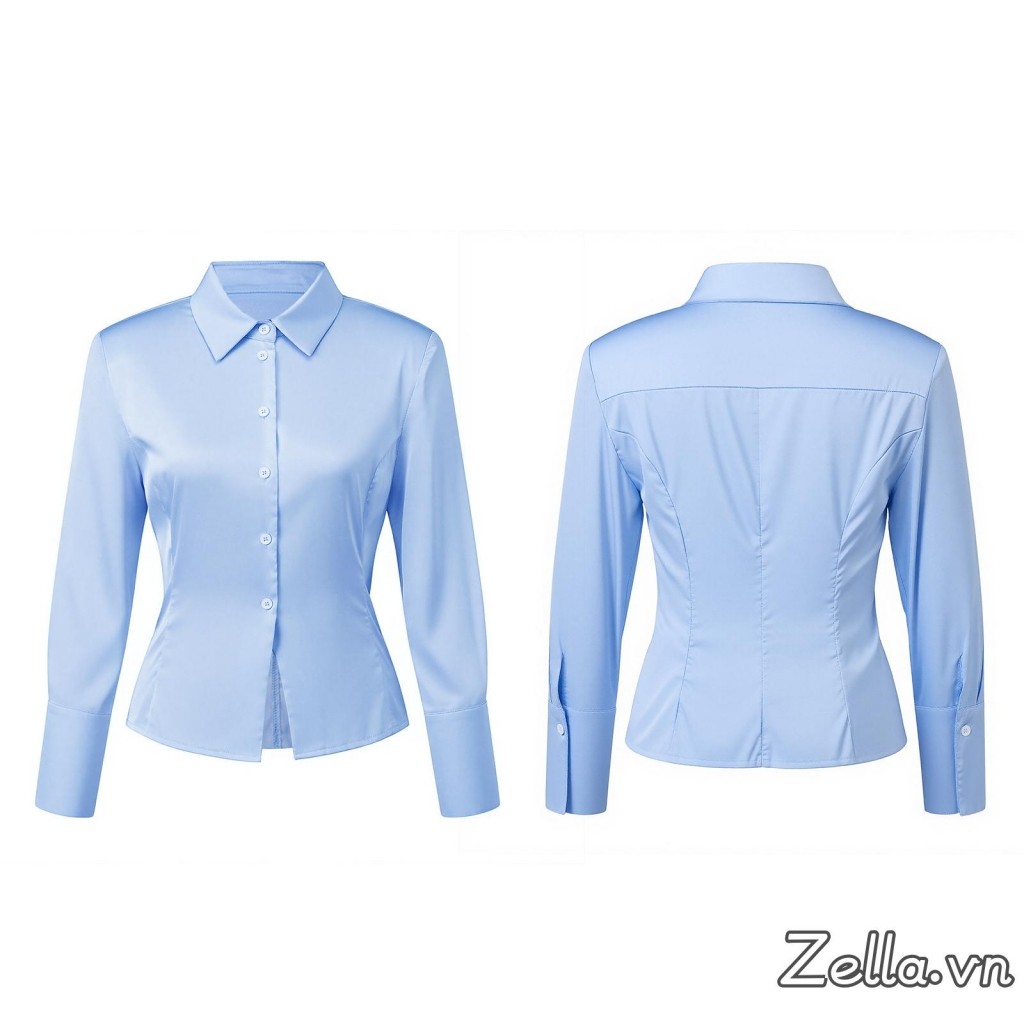 Áo Sơ Mi Nữ Tay Dài Cổ Áo Nút Xuống Màu Trơn Slim Fit Áo Sơ Mi