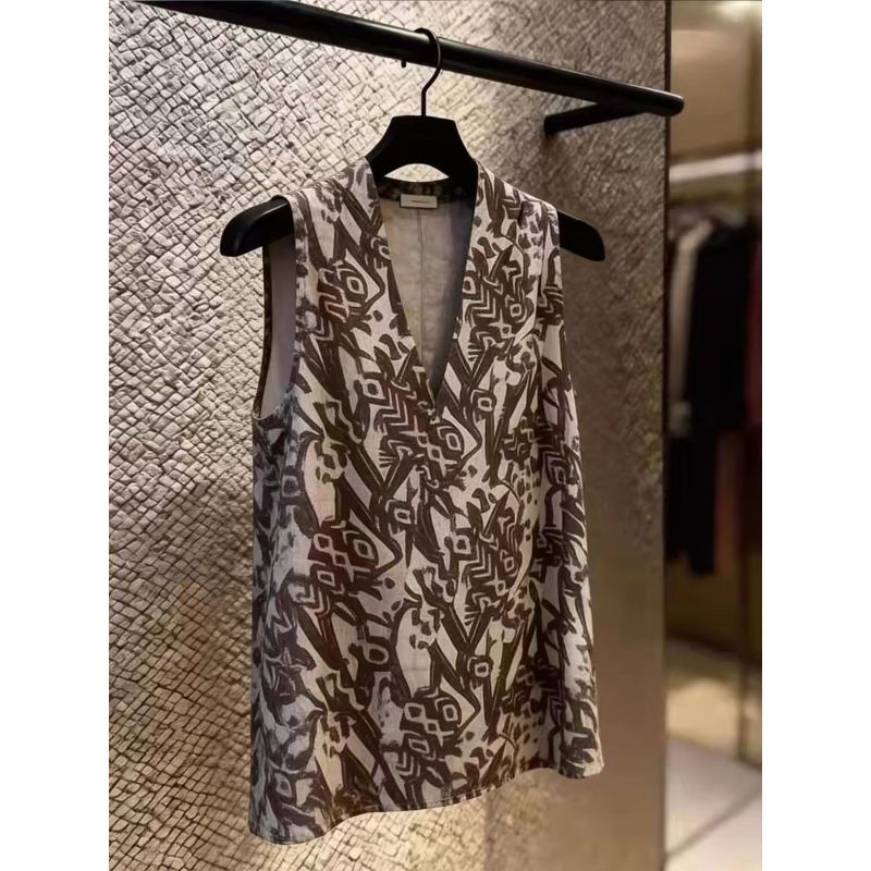 [Giảm giá 50%] Mặc áo Vest cổ chữ V in kiểu Pháp Áo sơ mi nhỏ không tay phong cách mới phù hợp cho nữ