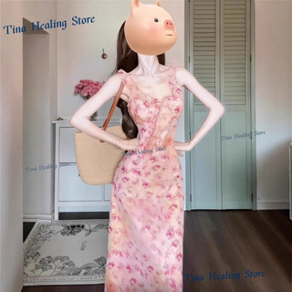 Đầm dây hoa hồng phong cách Pháp cho phụ nữ, váy dài đi biển nghỉ dưỡng cao cấp, thanh lịch