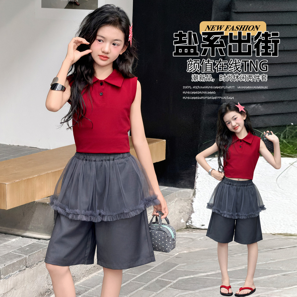 Áo sơ mi polo không tay màu đỏ cho bé gái Mùa hè Phong cách mới Thời trang trẻ em Slim-fit Top