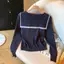 Springevenstar Cổ Hải Quân Dài Tay Sọc Preppy Phong Cách Áo Thun Nữ Chữ V Cổ Dệt Kim Áo Springevenstar