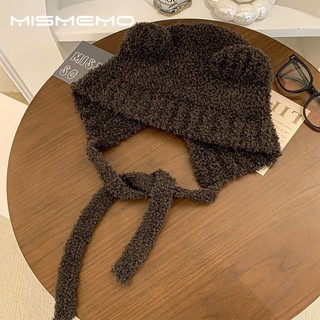 MISMEMO Tai Gấu Dễ Thương Mũ Len Nữ Thu Đông Đầu Lớn Chu Vi Mặt Nhỏ Mũ Dệt Kim Phiên Bản Hàn Quốc Mũ Bảo Vệ Tai Ấm Áp