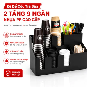Kệ Để Cốc Trà Sữa 2 Tầng 9 Ngăn – Giá Đựng Ly, Nắp, Ống Hút Cho Quầy Pha Chế Chuyên Nghiệp