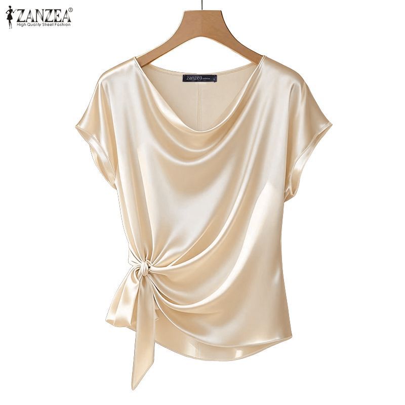 Zanzea Nữ Hàn Quốc Giải Trí Satin Drap Cổ Không Đều Viền Xoắn Nút Thắt Tay Ngắn Áo Thun Presale