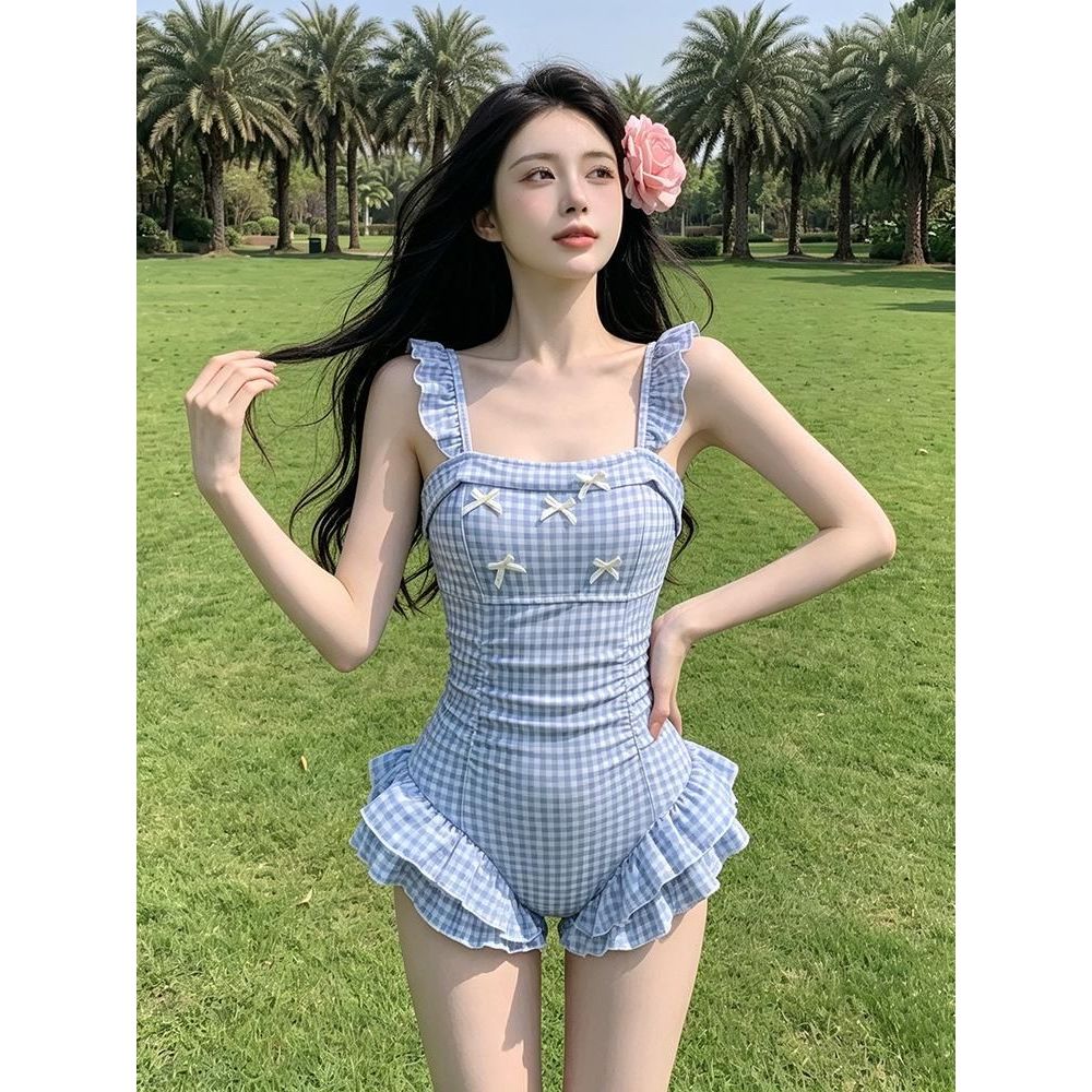 Đồ Bơi Nữ 1 Mảnh Kẻ CaRo Gingham Dễ Thương Áo Tắm Liền Thân Giấu Bụng Phối Nơ Rút Eo Tôn Dáng JUM CARO BÈO XANH VÀNG