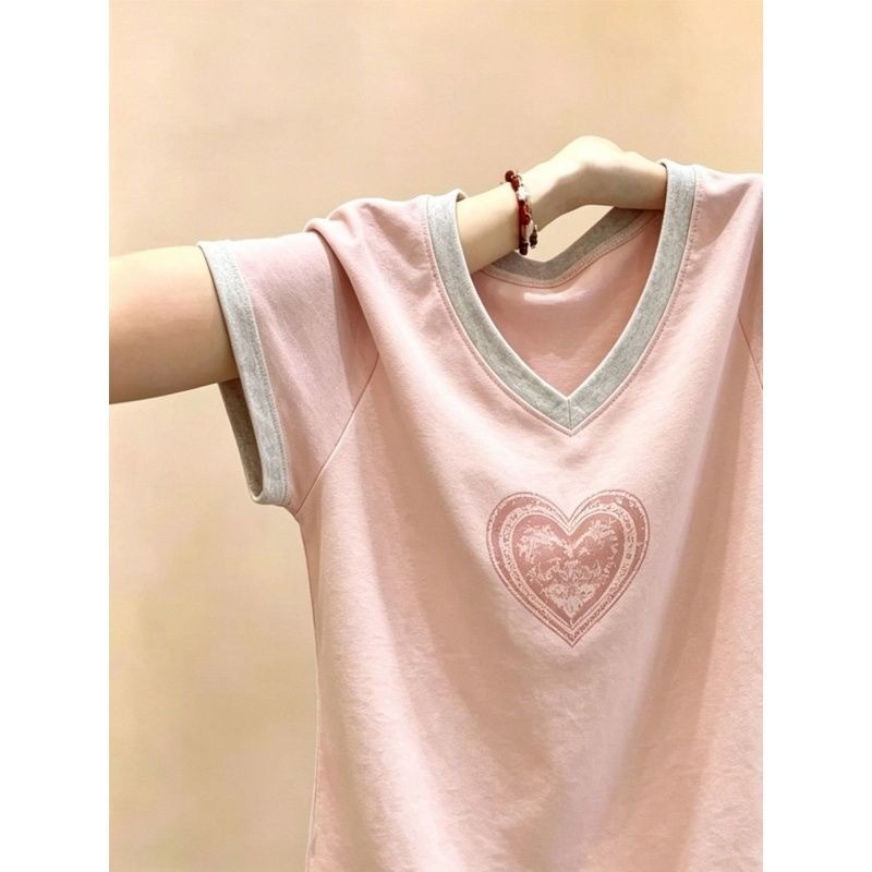 Cotton plus size Hàn Quốc Cổ Chữ V In Hình Tình Yêu Mùa Hè Mới Rời Tay Ngắn Dành Cho Nữ