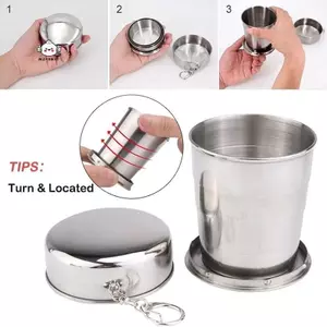 Maybest 250ml Cốc gấp bằng thép không gỉ Du lịch ngoài trời Cắm trại Cốc nước có thể gập lại di động có móc khóa Cốc trà có thể thu vào {VN}
