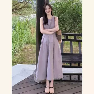 Váy Vest không tay màu tím dành cho nữ Phong cách mới Đẹp thường ngày Tính khí đơn giản eo hẹp dáng ôm hơn