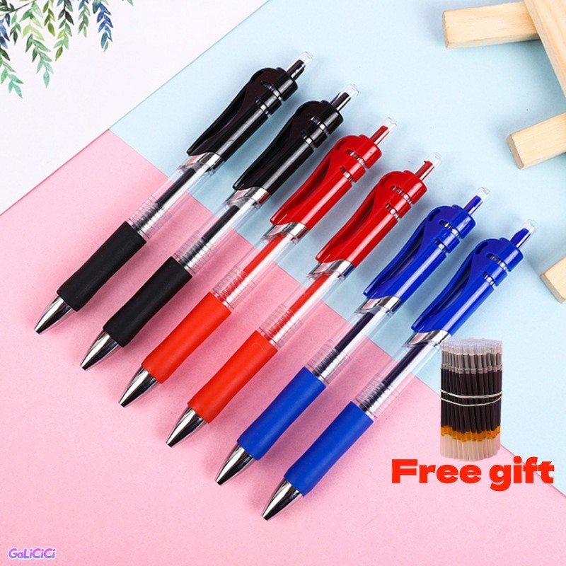 Bút gel bấm K35 0.5mm 3 màu đen xanh đỏ, viết êm, tặng 12 ruột thay thế, dùng học sinh văn phòng