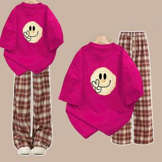 Bộ quần kẻ CARO đỏ cạp cao  + kết hợp áo phông unisex tay lỡ nam nữ form xinh- thubaaa