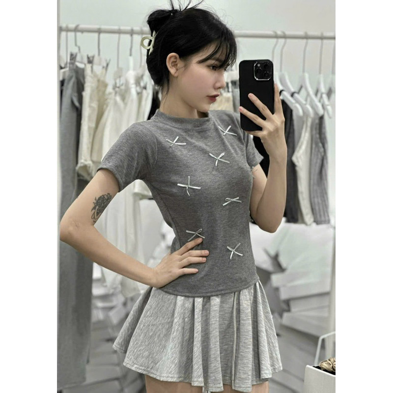 Áo thun baby tee đính nhiều nơ chất cotton co dãn phong cách Hàn Quốc M150