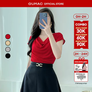 Áo thun nữ GUMAC thiết kế cổ đổ thun ánh nhung màu đen đỏ sang trọng dự tiệc  ATE01031