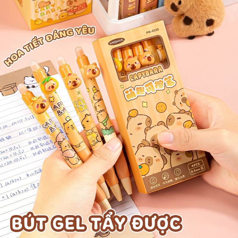 Bút mực xoá được họa tiết Capybara cute – Bút gel ngòi 0.5mm mực xanh, viết êm không mỏi tay, lý tưởng cho học sinh dùng