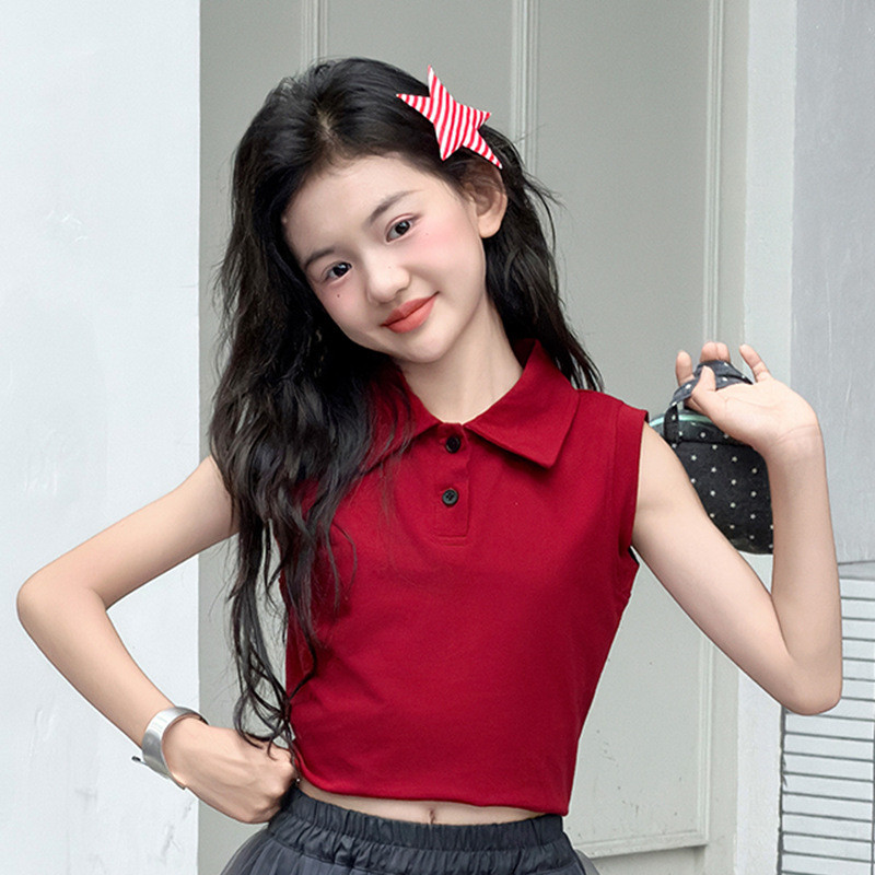 Áo sơ mi polo không tay màu đỏ cho bé gái Mùa hè Phong cách mới Thời trang trẻ em Slim-fit Top