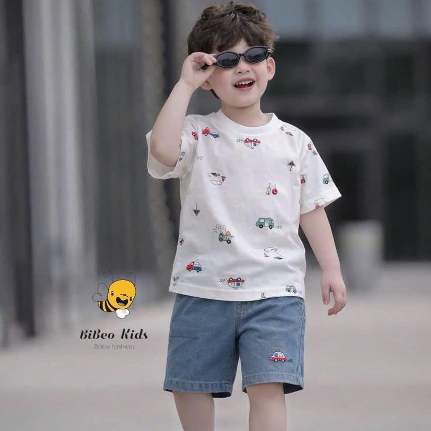 [BiBeo Kids]Bộ quần áo cộc tay BIỂN BÁO VÀ Ô TÔ quần Bò thêu áo chất COTTON 4 chiều siêu co giãn