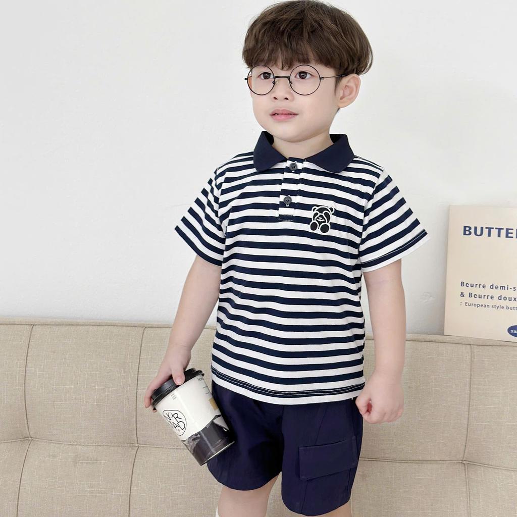 Bộ quần áo cộc tay KẺ NGANG IN HÌNH GẤU cho bé trai,  Bộ quần áo chất COTTON thoải mái cho bé