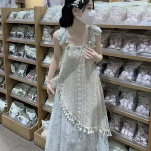 Retro Tính khí ngọt ngào Hoa khâu không đều Váy ren rỗng dành cho nữ Váy dài không tay mùa hè