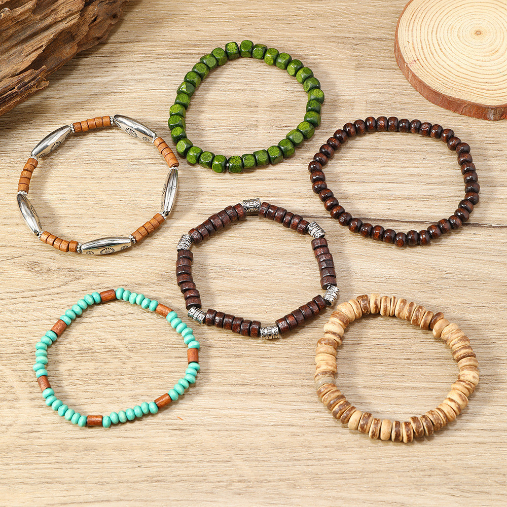 Set 6 Vòng Tay Hạt Gỗ Đeo Chồng Phong Cách Ethnic Vintage Họa Tiết Cổ Truyền Phụ Kiện Thời Trang Cho Nữ