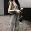Mùa hè Phong cách Hàn Quốc thời trang rộng ca rô Bộ đồ xẻ tà màu đen trắng Bộ đồ ca rô