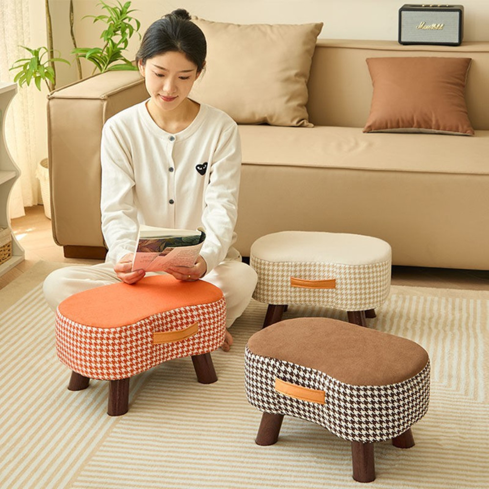 Ghế Đôn Sofa Thấp Chân Gỗ Bọc Vải Caro DINO – Ghế Ngồi Mini Decor Phòng Khách, Phòng Ngủ Dễ Thương