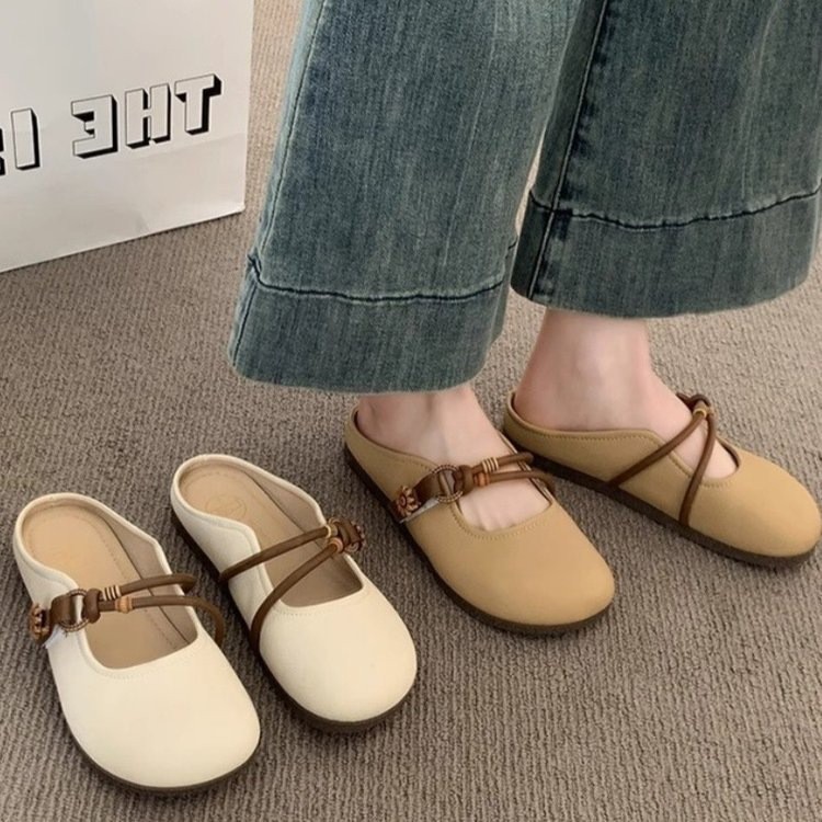 Mùa Hè Phù Hợp Với Mary Jane Baotou Nửa Dép Nữ Bên Ngoài Đế Bằng Nửa Hỗ Trợ Giày Đơn Mềm-