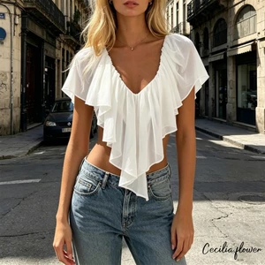 Áo thun nữ tay ngắn cổ chữ V không lưng xù
