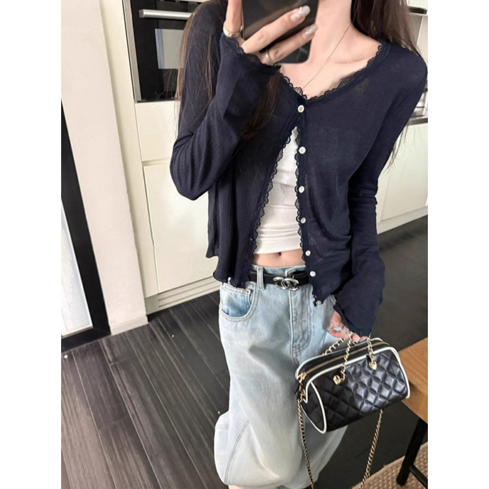 SUXI Áo len dệt kim dài tay ren nhẹ nhàng mùa hè mới dành cho nữ 260520
