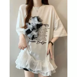Áo thun ngắn tay xếp nếp phong cách Hàn Quốc Fat MM Size cực lớn Áo hoa ba chiều dáng rộng