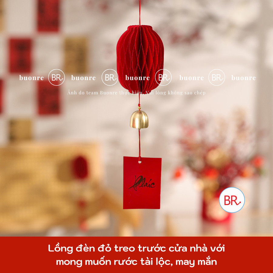 Set 5 đèn lồng xếp kèm chuông và thẻ thư pháp,phụ kiện trang trí Tết đón may mắn, tài lộc ANGIHOME