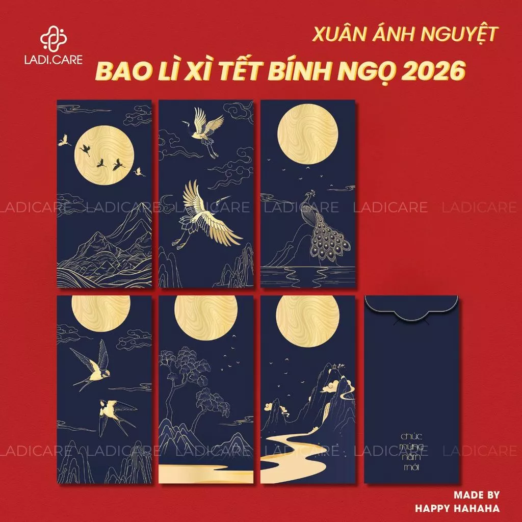 Set Bao Lì Xì Tết Bính Ngọ 2026 – Mẫu Thiết Kế Độc Quyền Hoa Nhí, Xuân Ánh Nguyệt, Giấy C150 Dày Cán