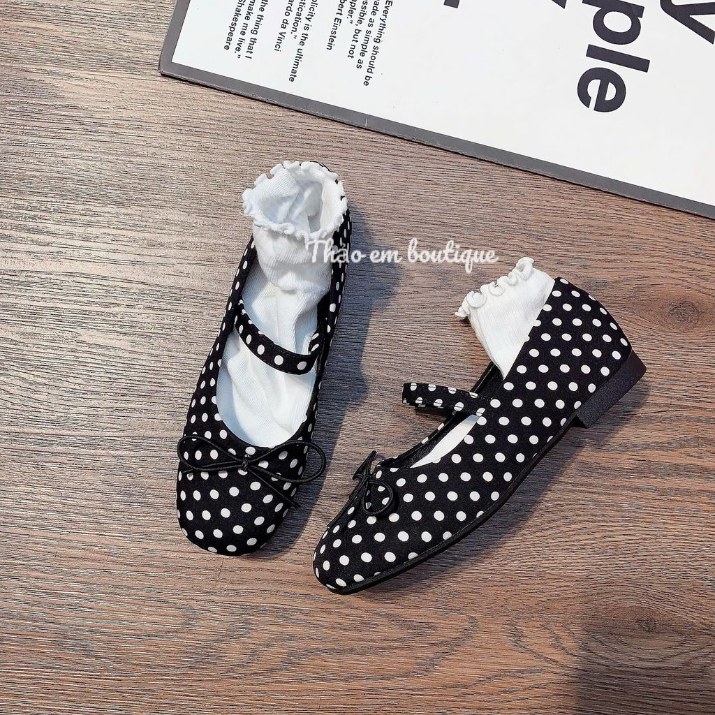 [Thảo Em - CBi60] Giày búp bê chấm bi nữ đế bệt da lì mềm, quai ngang phối nơ [sẵn hàng]