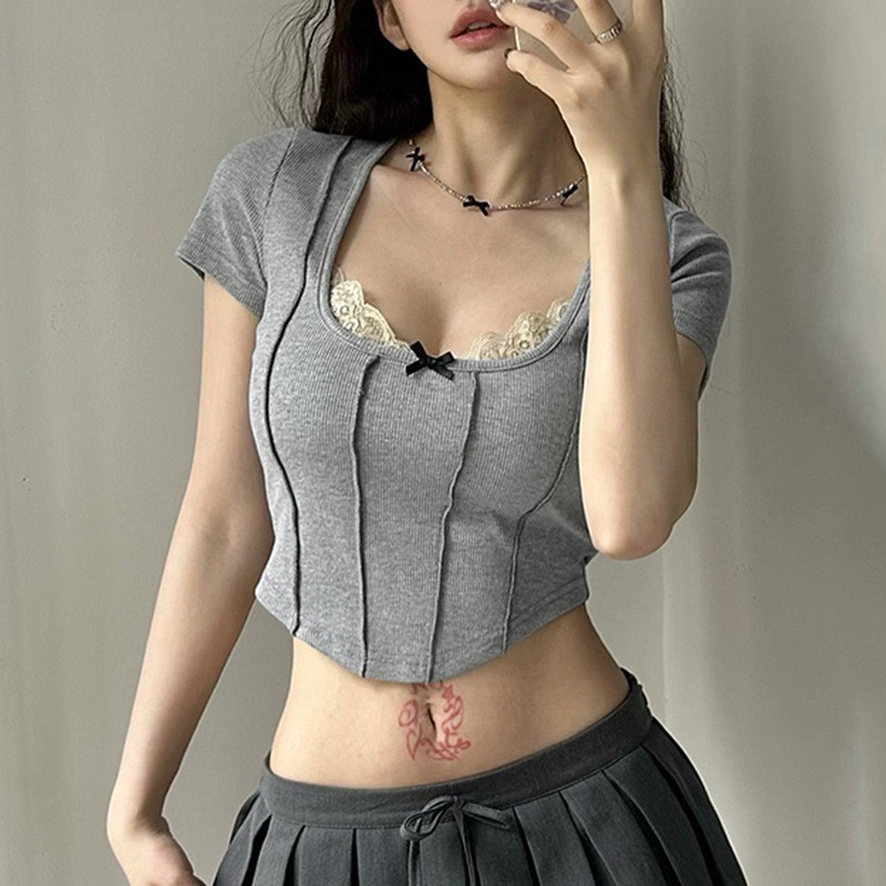 ÁO THUN CROPTOP XÁM PHỐI REN ĐÍNH NƠ CHẠY VIỀN TRƯỚC CỰC CUỐN HÚT H44