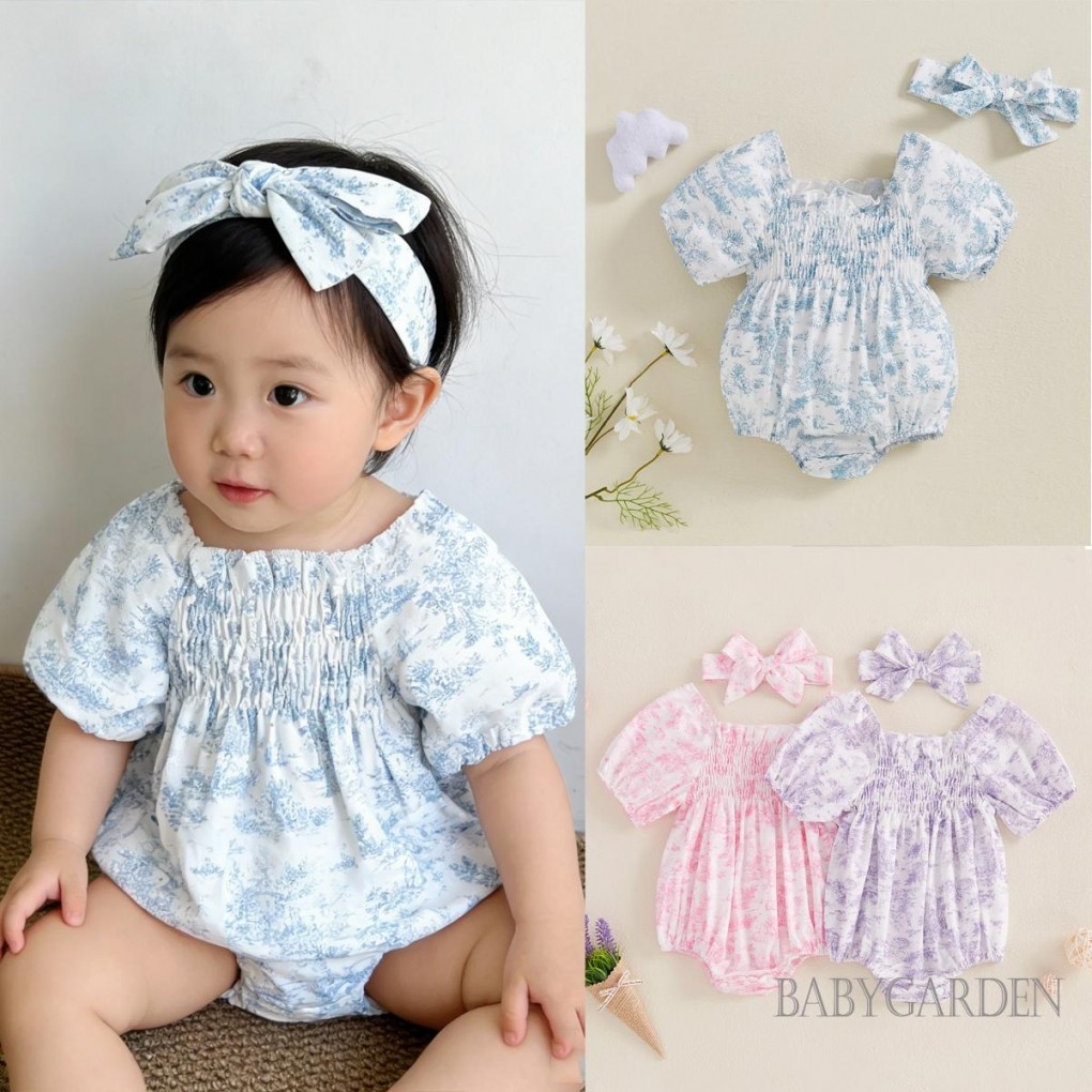 Áo liền quần tay phồng xếp nếp in hoa cho bé gái có băng đô Quần áo mùa hè
