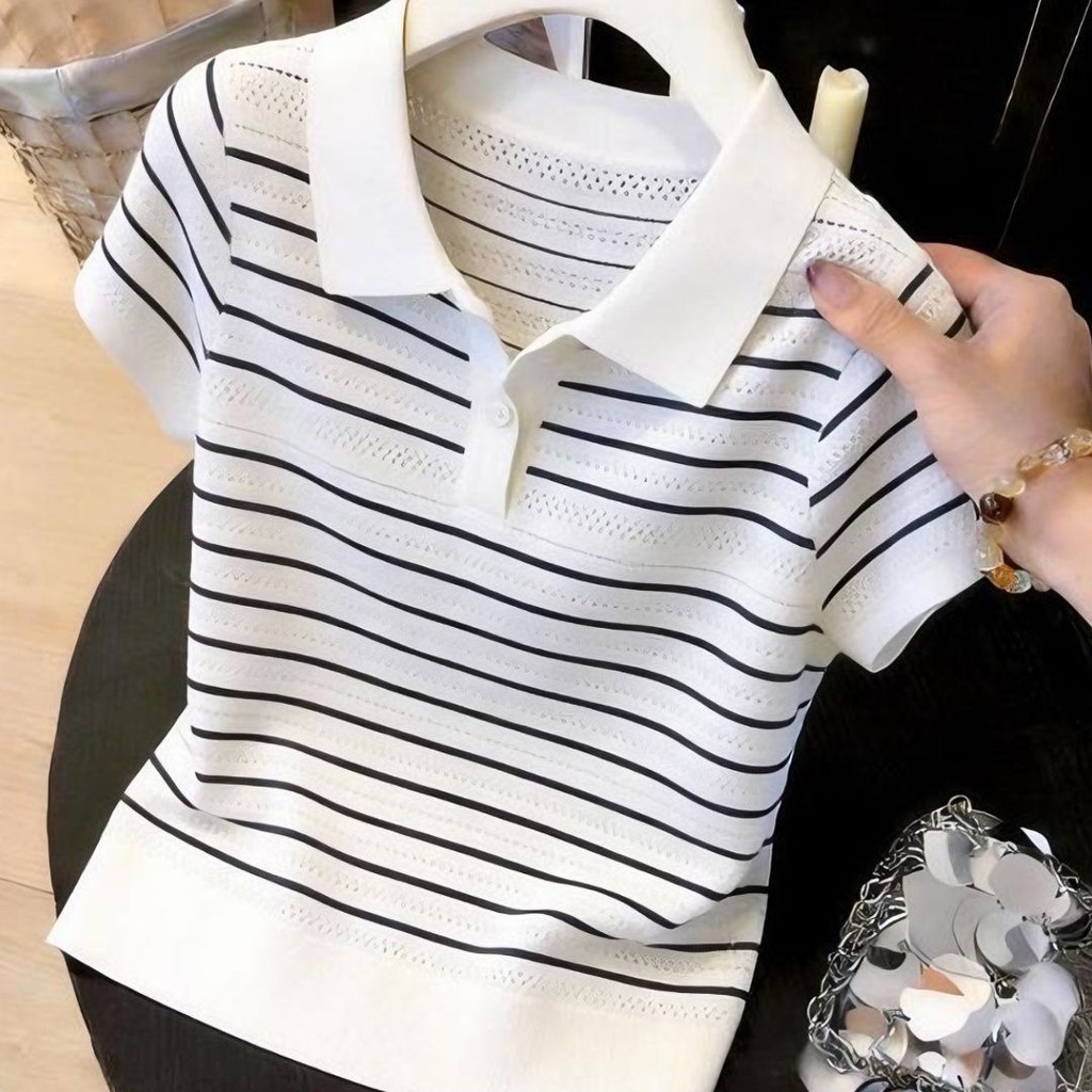Nữ Mùa Hè Phong Cách Mới Nhất Ice Silk Pháp Sọc Cổ POLO Áo Len Tay Ngắn | Áo ve áo mỏng vừa vặn rỗng, dáng ôm hơn Tính khí phù hợp