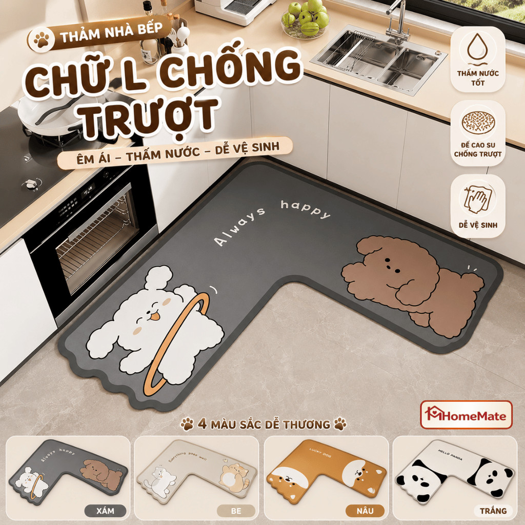 Thảm Bếp Siêu Thấm Hút HomeMate Hình Thú Cưng Dễ Thương, Thảm Nỉ Lót Cao Su Chống Trơn Trượt 70x70cm