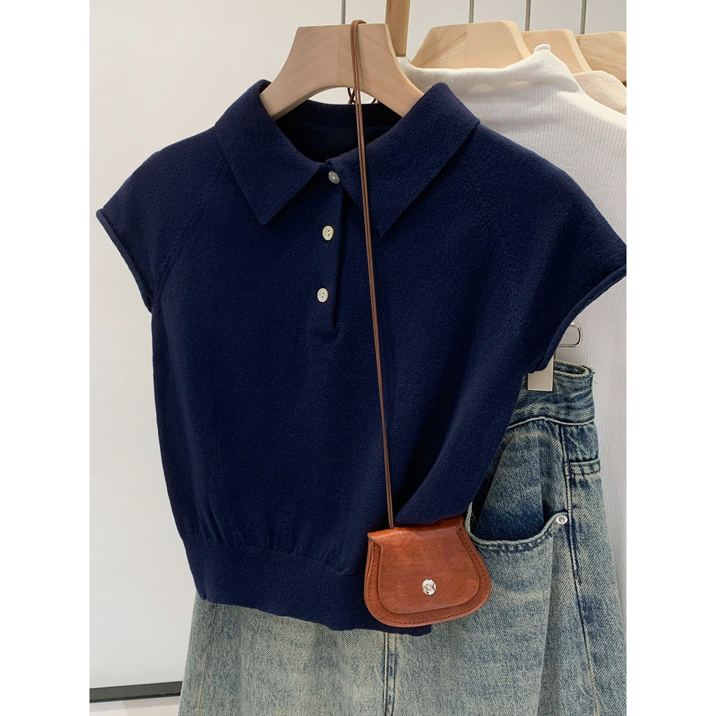 Mùa Hè Mới Nữ Crop Tops Nhẹ Nhàng Màu Trơn Cổ Polo Tay Ngắn Dệt Kim Áo Thun 260514