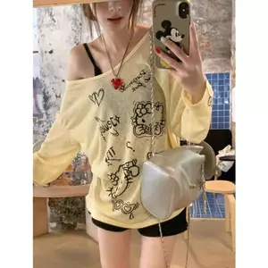 Thời trang phù hợp mùa hè Áo thun mỏng in hình hoạt hình dễ thương Áo thun dài tay quây