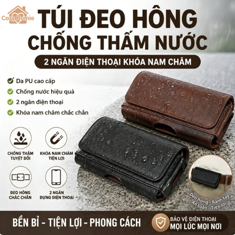 Túi đeo hông đựng điện thoại bằng da PU, chống thấm nước, đựng được điện thoại. Lý tưởng cho du lịch hoặc thể thao.