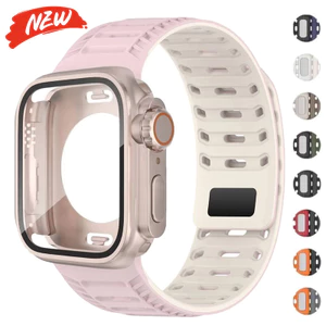 Vỏ bọc toàn bộ chống nước + dây đeo silicon từ tính tương thích cho Apple Watch Series11 / 10 46mm 44mm 45mm 9 8 7 6 5 4SE