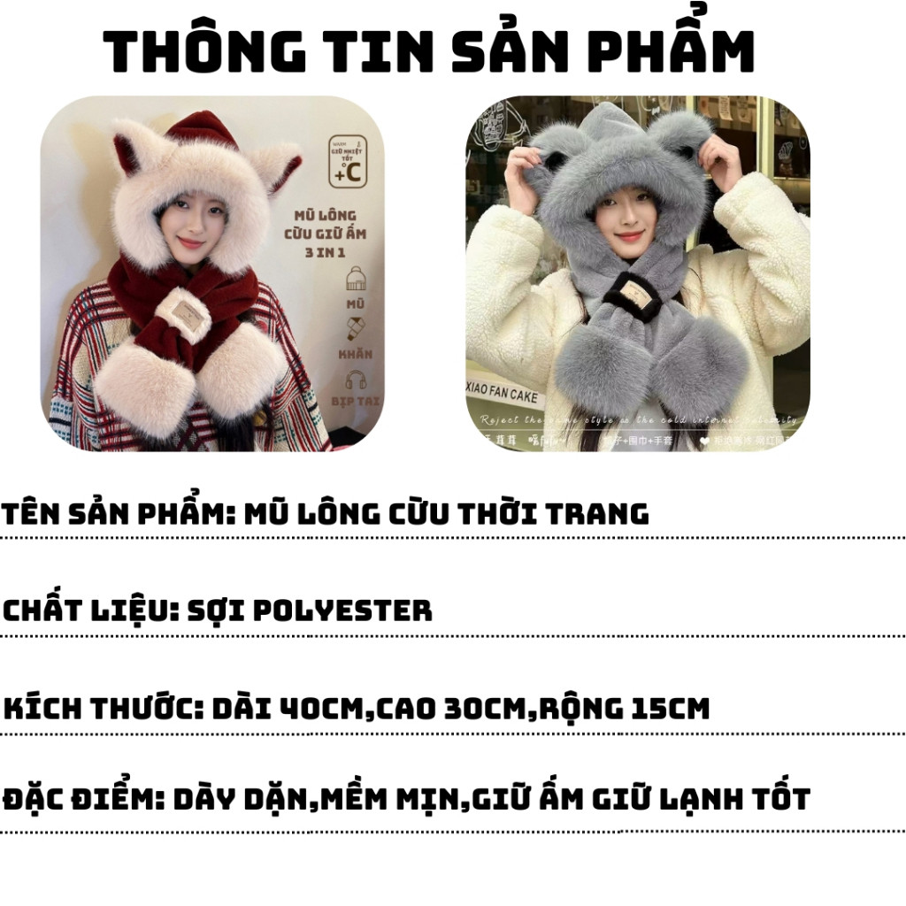Mũ len nữ lông cừu dễ thương mũ len nữ trùm đầu kèm khăn quàng cổ giữ ấm thời trang