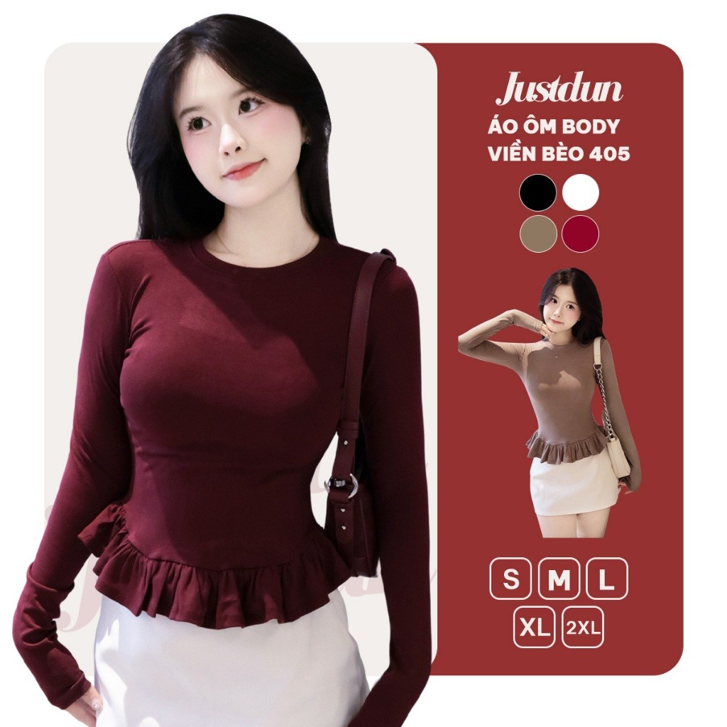 Áo Thun Nữ Dài Tay Ôm Body JUSTDUN 405 - Phối Viền Bèo Xinh, Cotton Mịn Cao Cấp, Tôn Dáng
