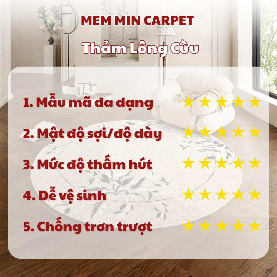 (TH77) Thảm Trải Sàn Lông Cừu Kích Thước 160x160cm MemMinCarpet Thiết Kế Hiện Đại, Sang Trọng