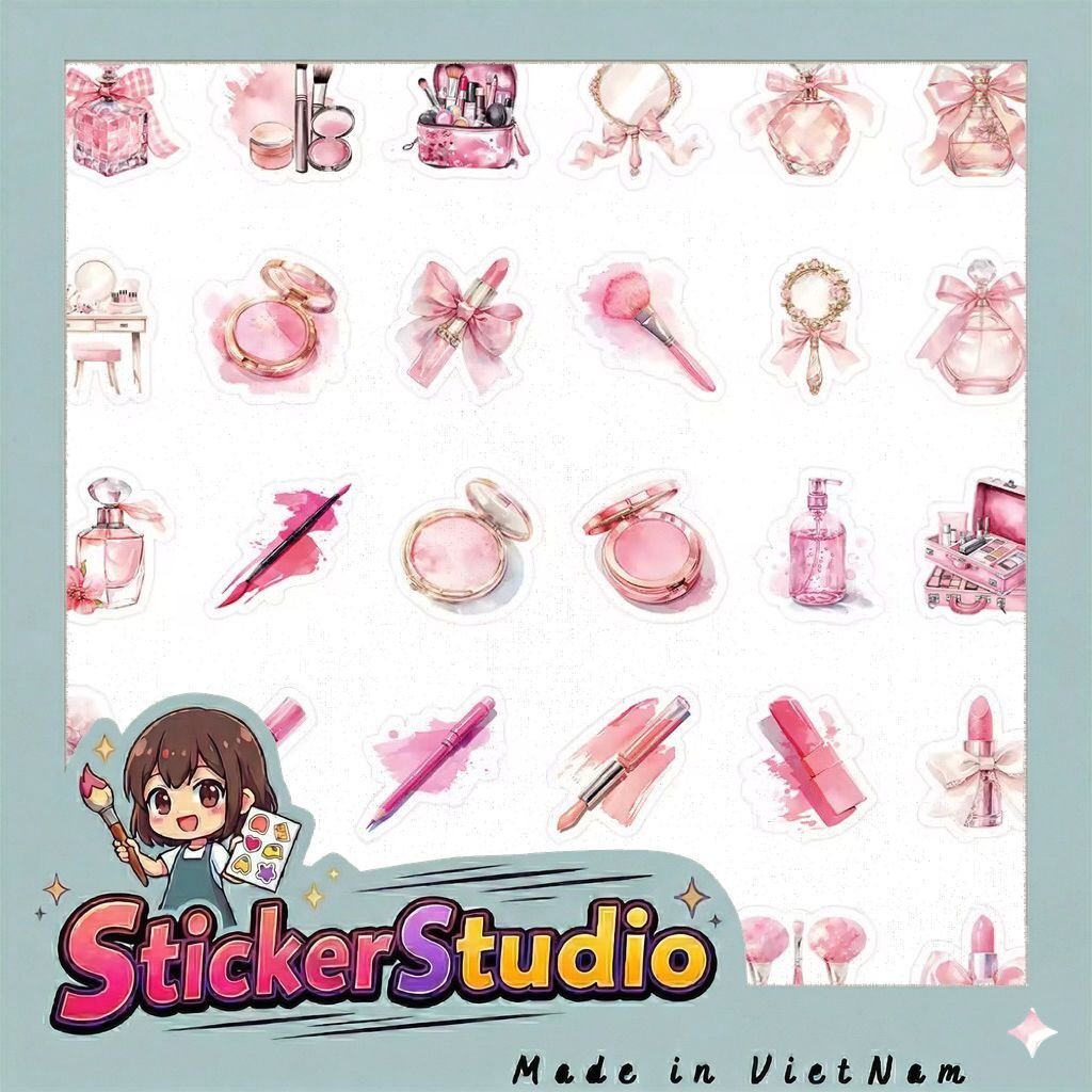 sticker đồ makeup màu hồng tiểu thư