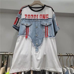 Châu Âu Áo Thun Nữ Mùa Hè Phong Cách Mới Denim Khâu Nút Thiết Kế In Chữ Cổ Tròn Tay Ngắn Top Hợp Thời Trang