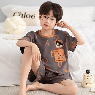 Bộ đồ ngủ bé trai – Áo tay ngắn + quần short, cổ tròn, thoáng khí, mát mùa hè, thoải mái & dễ chịu