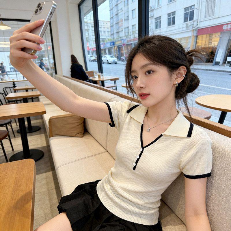 [Thời gian có hạn Seckill] Áo thun ngắn tay dệt kim màu tương phản kiểu Pháp dành cho nữ Mùa hè Phong cách mới Slim-Fit Slimmer Look Áo sơ mi nhỏ hàng đầu độc đáo