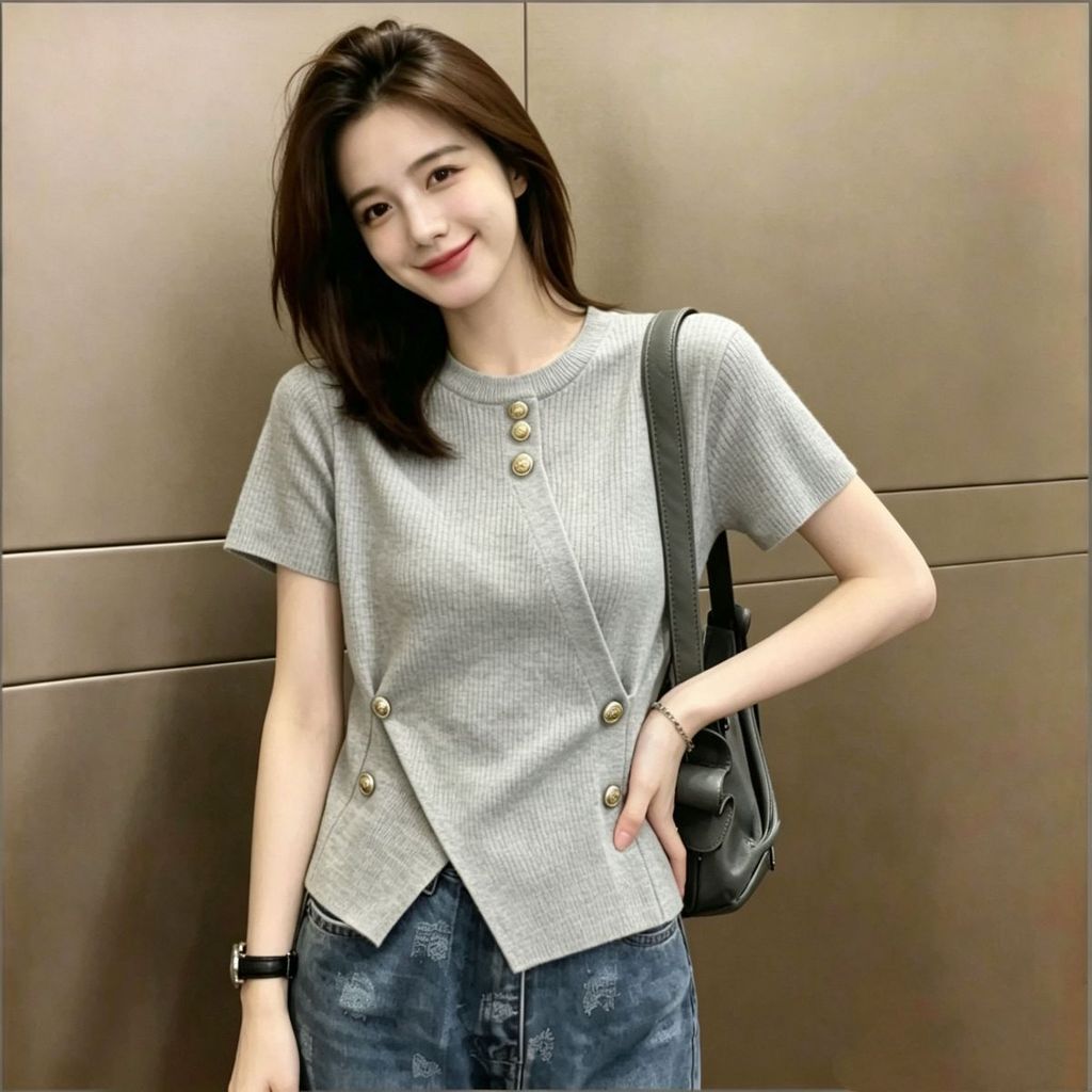 Nữ Mùa Hè Phong Cách Mới Nhất Người Nổi Tiếng Pháp Rượu Vang Đan Đỏ | Tính khí văn học Tay ngắn, Slim-Fit Slimer Look Thiết kế nút chéo phù hợp cho mọi trận đấu