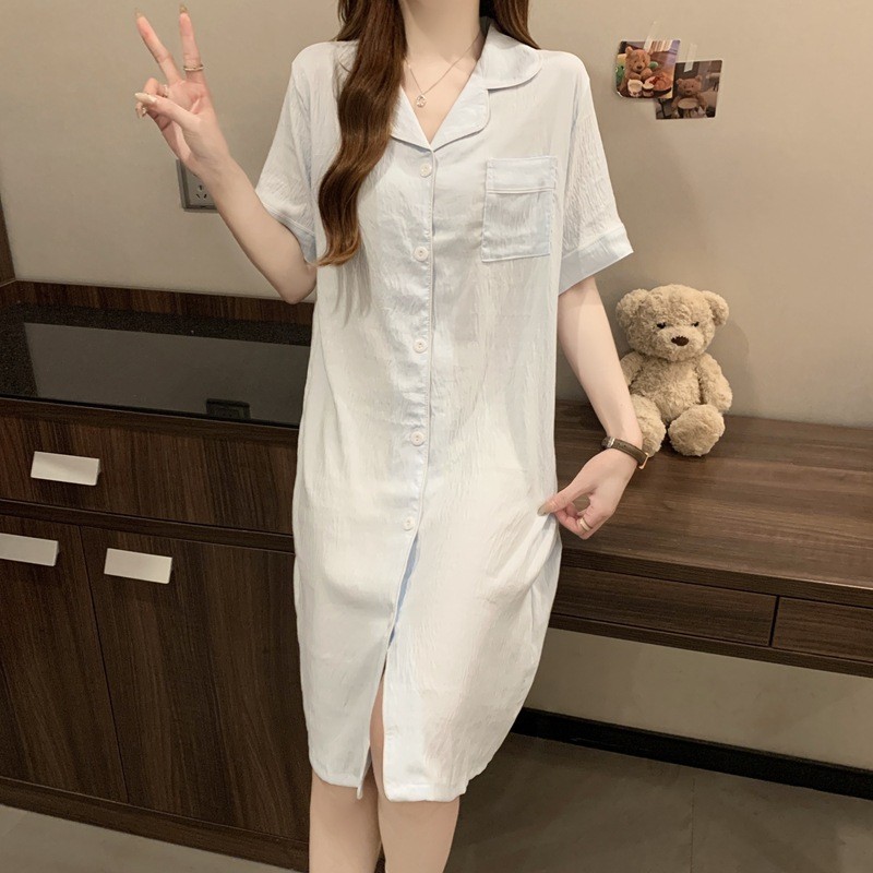 Phong Cách Mới Ngoại Thương Mây Cotton Mùa Hè Nữ Màu Trơn Áo Sơ Mi Váy Ngủ Rời Gợi Cảm Tay Ngắn Bộ Đồ Ngủ Nhà